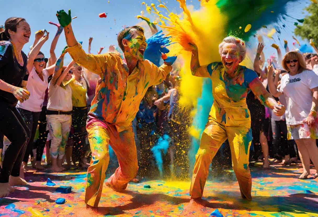 Participants covered in vibrant paint during a lively color celebration.