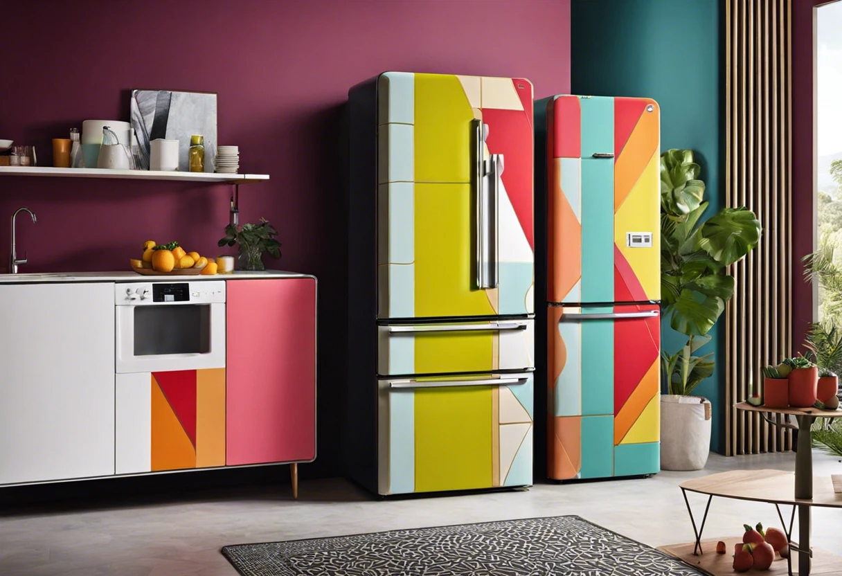 Two vibrantly painted fridges showcasing creative colors and patterns, illustrating the possibilities of painting a fridge.