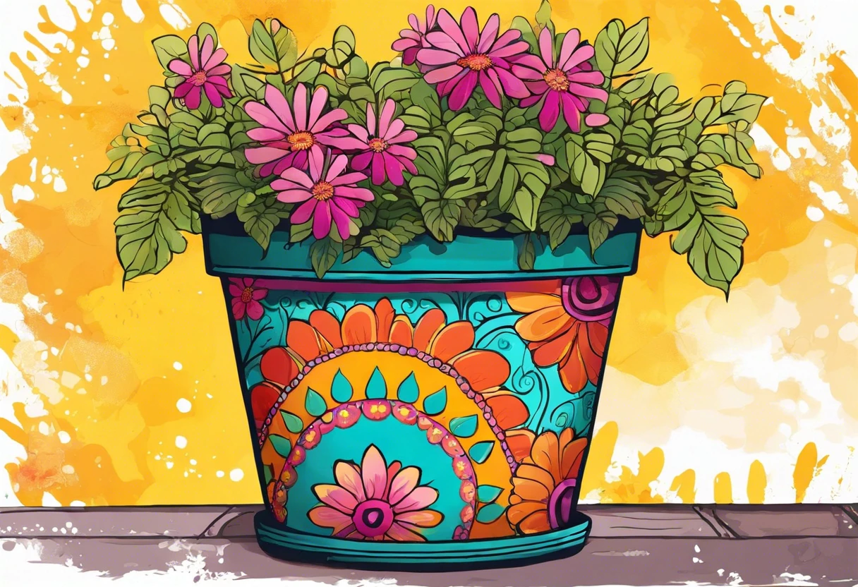 Vibrant painted plant pot with flowers, perfect for home decor projects.