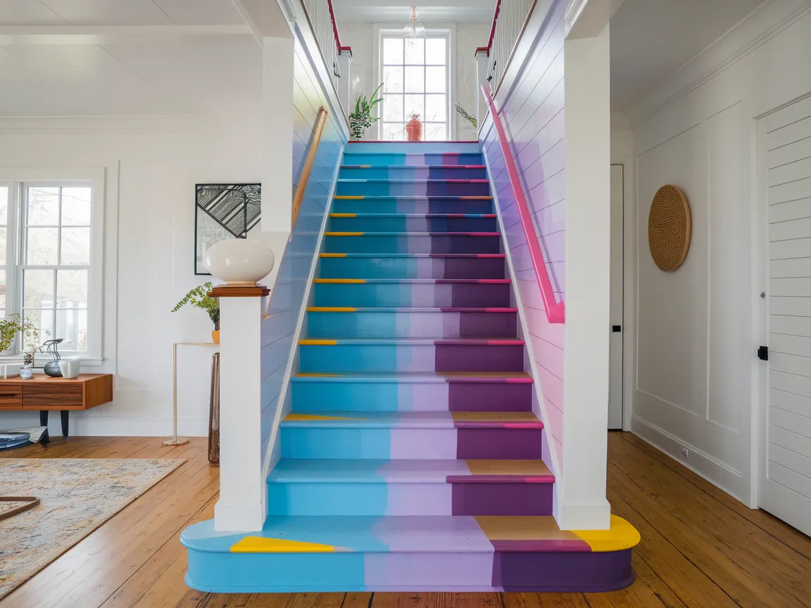 Vibrant gradient colors on staircase for modern interior design inspiration.