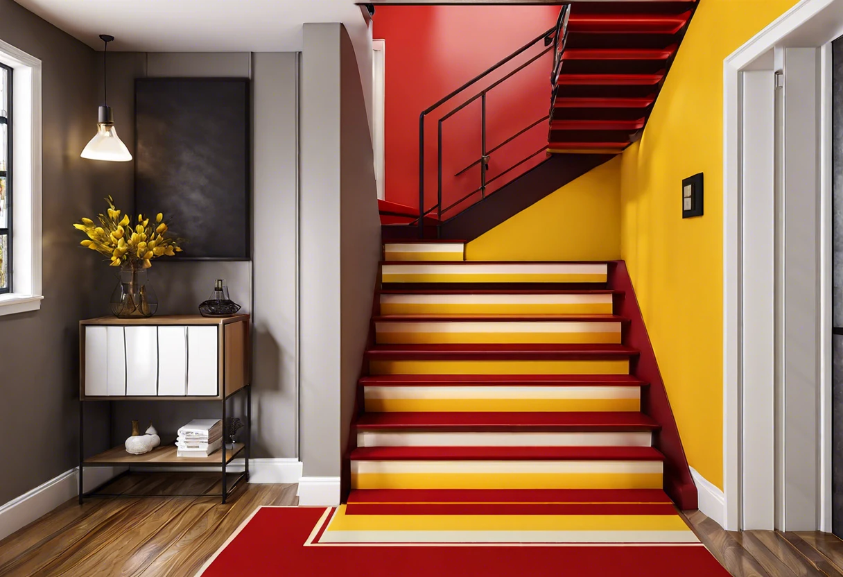 A vibrant staircase with red, yellow, and orange colors perfect for painting ideas.