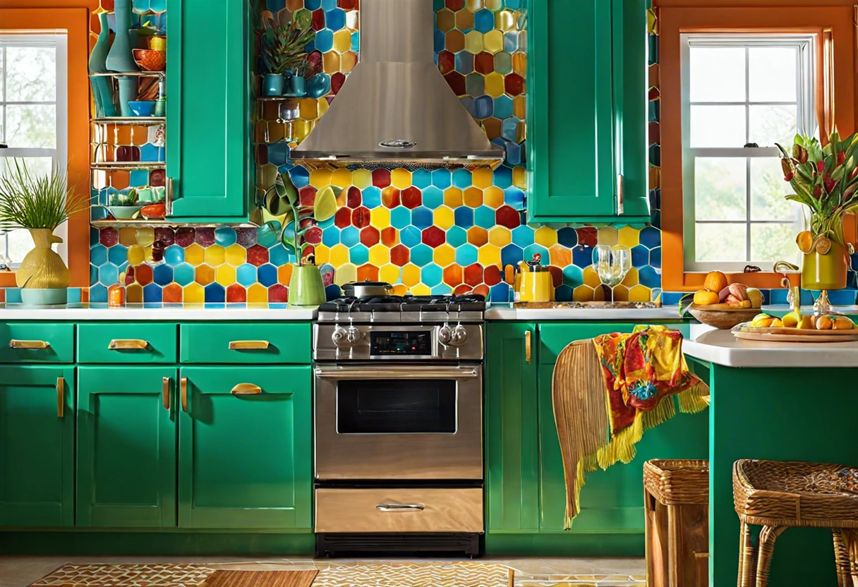 Vibrant painted tile backsplash in a kitchen with green cabinets, showcasing the potential of painting tiles.