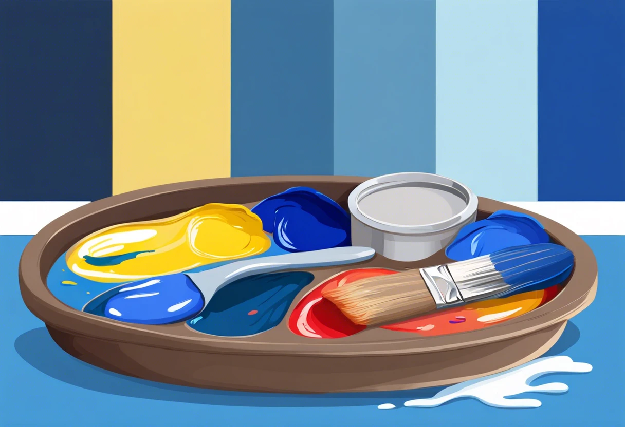 Palette showing colors used to create blue paint, including yellow, red, and blue shades.