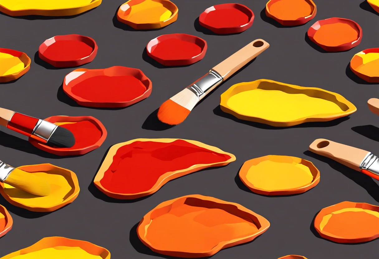 Various paint colors including reds, yellows, and oranges used to create orange paint