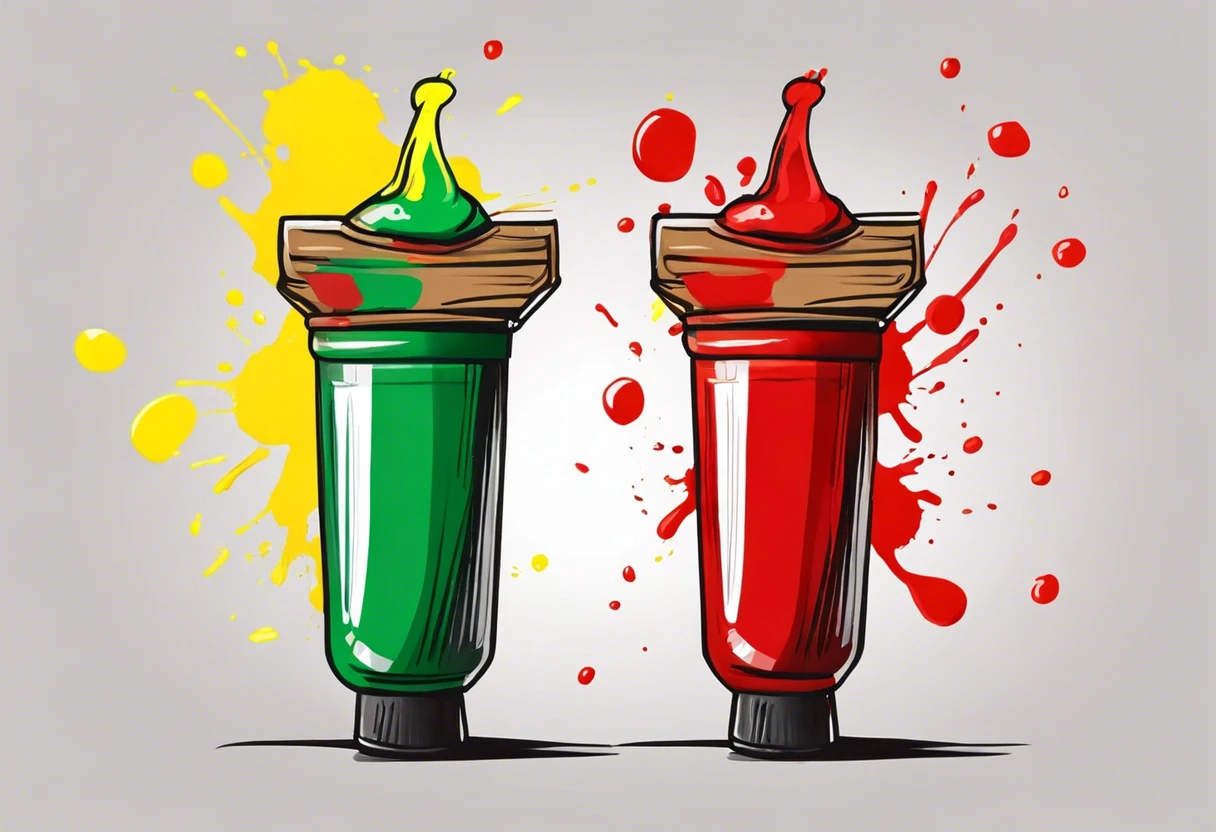 Green and red paint tubes illustrating the colors that mix to create yellow paint.