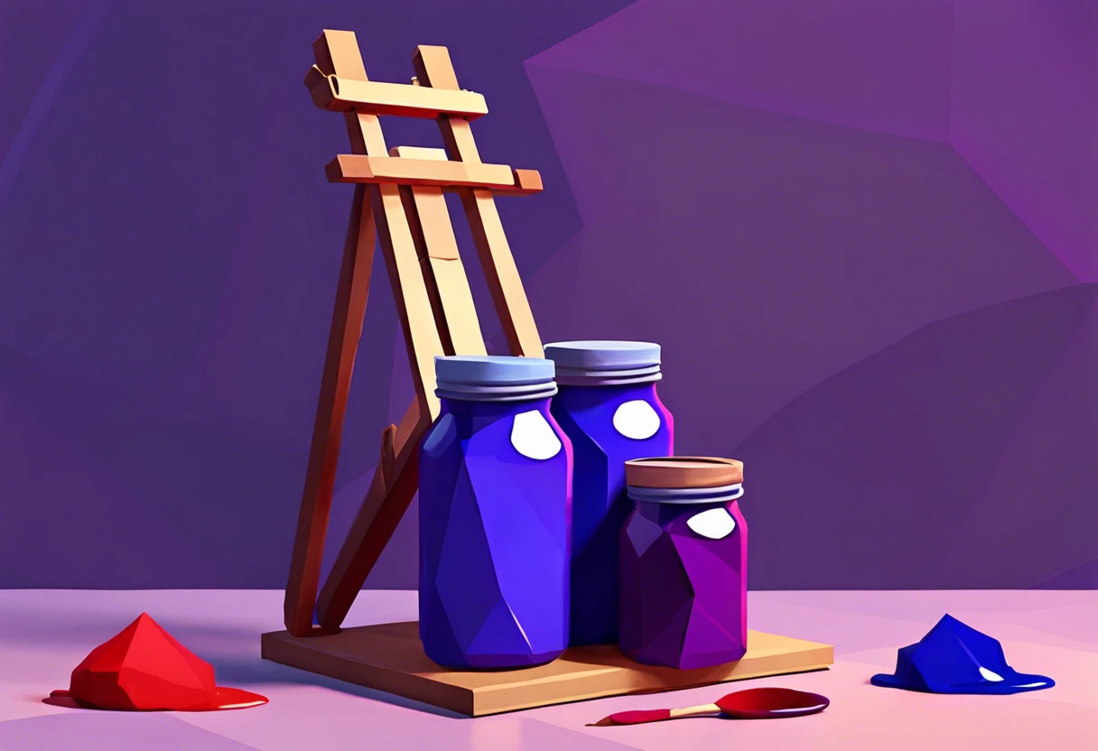 Three jars of purple paint surrounded by red and blue pigments, illustrating the colors that combine to create purple paint.