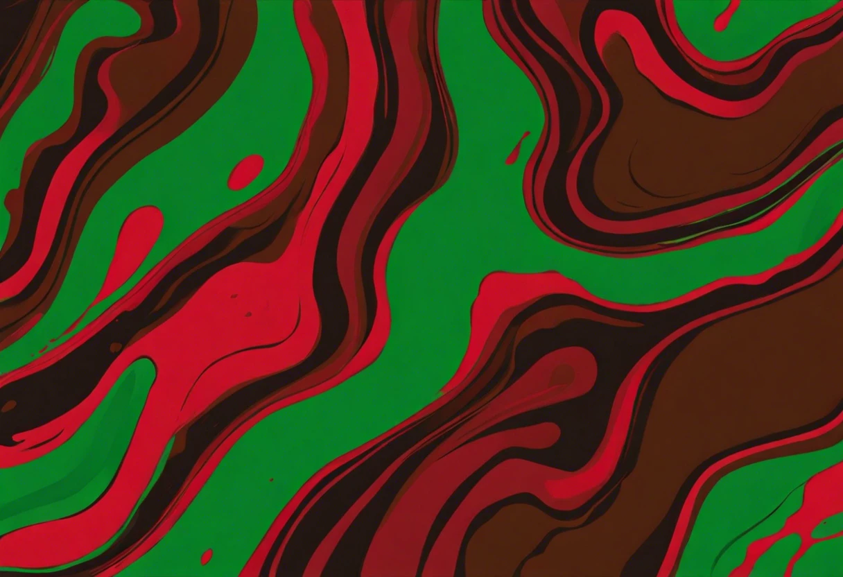 Swirls of red and green paint illustrating how to create brown paint by mixing colors.