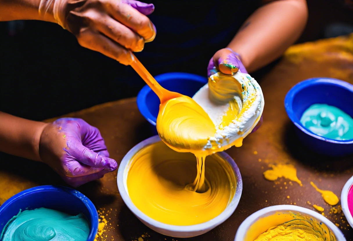 Person mixing cornstarch into yellow liquid face paint, demonstrating a technique for enhancing face paint texture.
