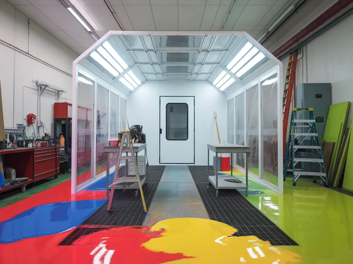 Interior view of a paint booth showcasing a clean workspace and vibrant paint colors, relevant to the cost of building a paint booth.