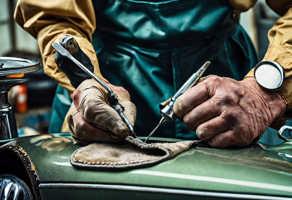 A mechanic repairing chipped car paint with tools, illustrating the cost to fix car paint damage.