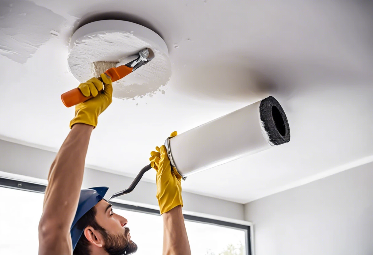 Person using a roller to paint a ceiling, illustrating the process involved and potential costs associated with ceiling painting.