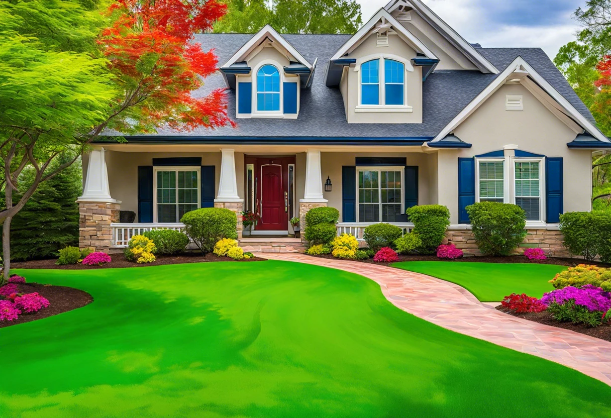 Beautifully landscaped home with a freshly painted driveway, highlighting the cost-effective enhancements of driveway painting.