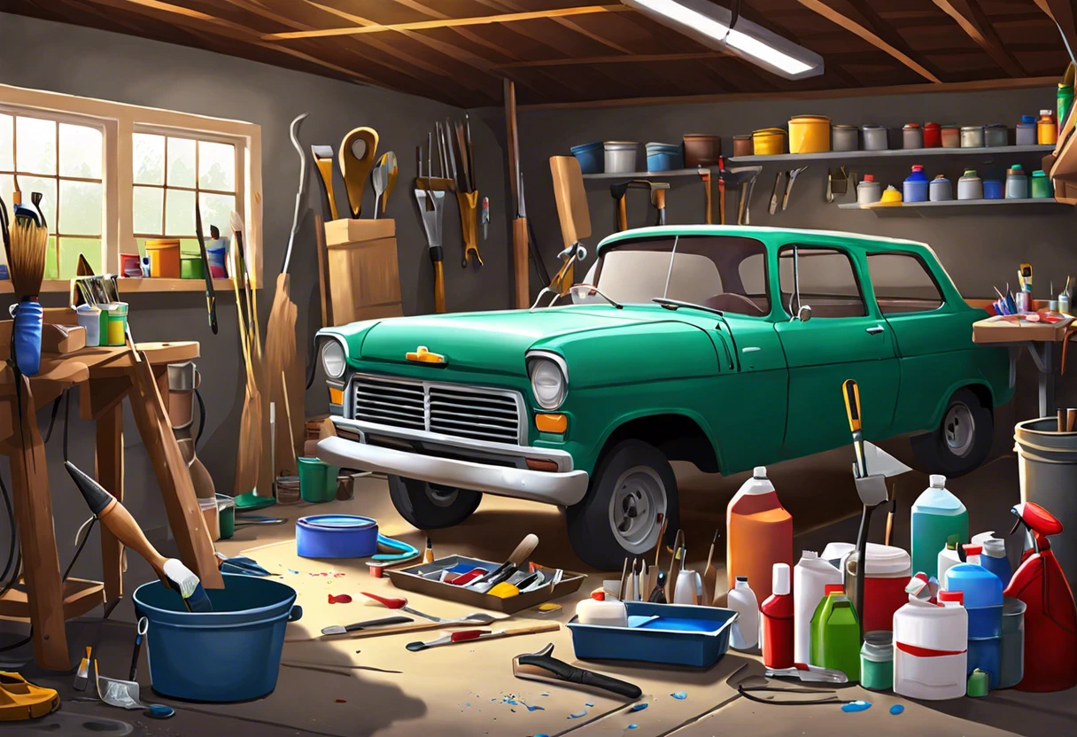 A green car in a garage with painting supplies, illustrating the cost to paint a front bumper.