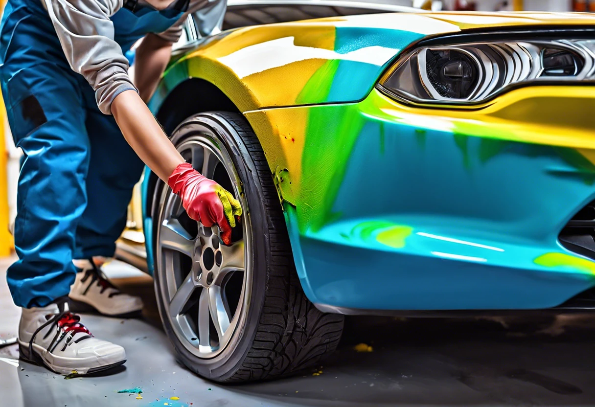 A professional painting a car's front bumper, illustrating the process and costs involved in auto paint jobs.