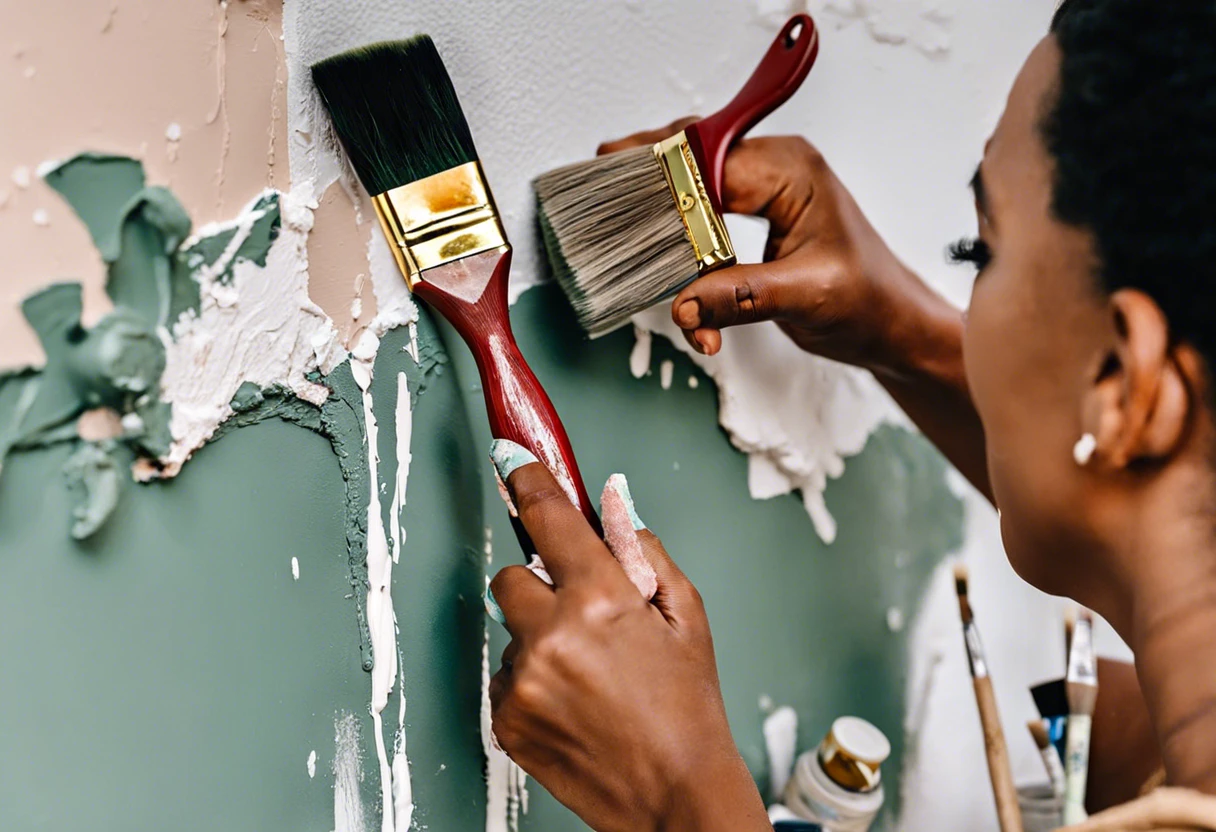 Person using a paintbrush to cover chipped paint on a wall