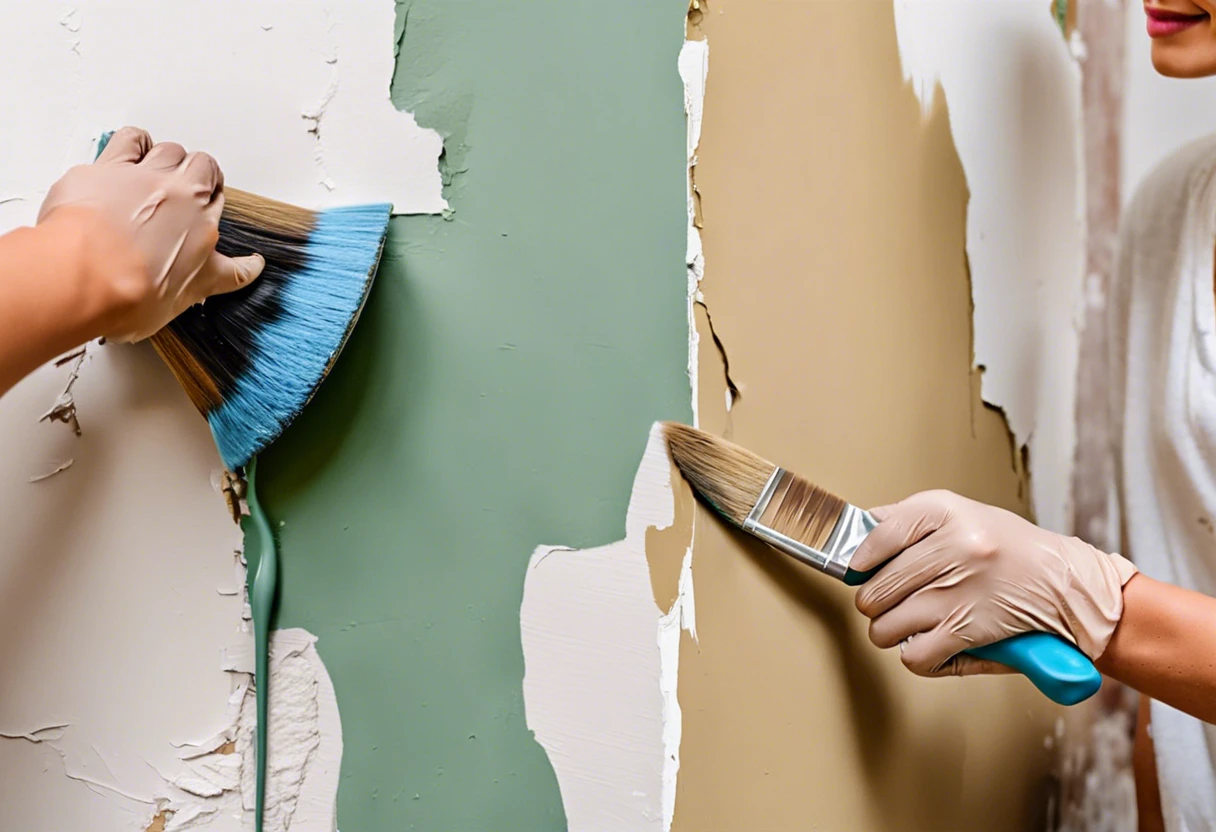 Hands applying paint to wall to cover up chipped paint