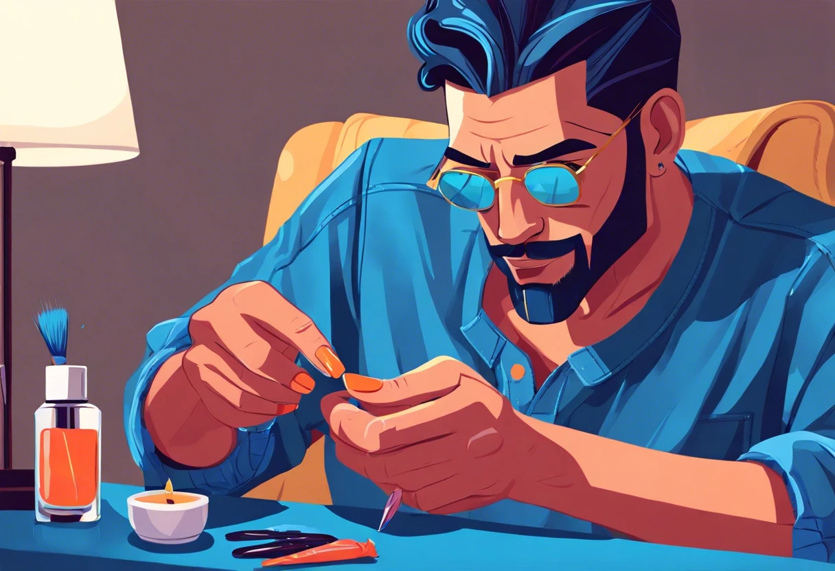A man named Craig painting his nail blue, exploring personal expression and creativity.