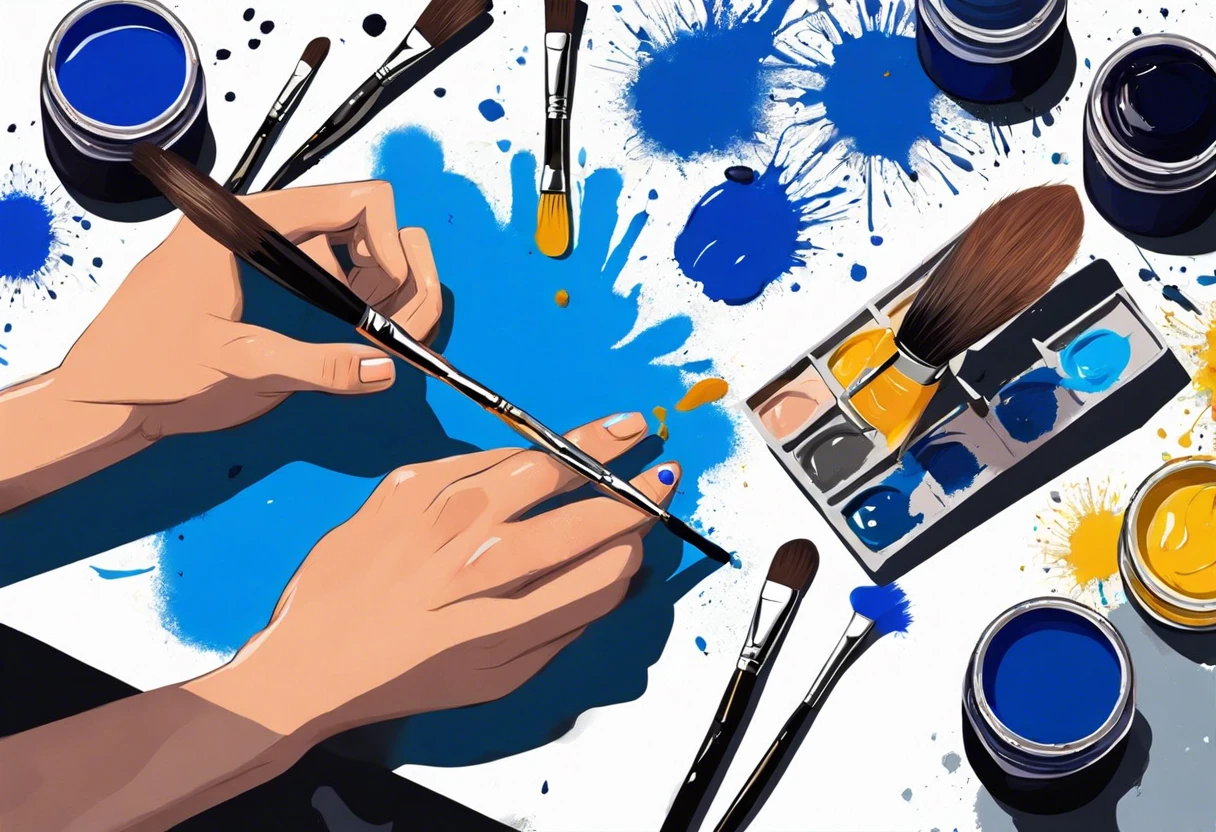 A close-up of hands painting a nail blue with an array of blue paints and brushes, illustrating why Craig chooses blue for his nails.