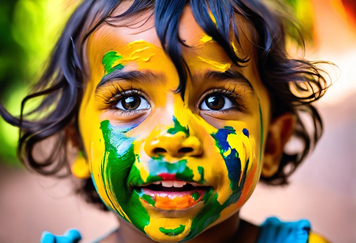 Child with Crayola face paint showing colorful designs, exploring the effects of face painting.