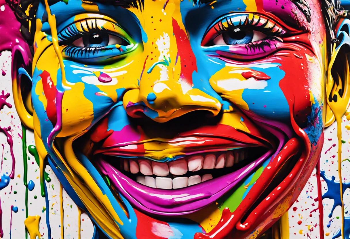 A colorful face covered in Crayola paint illustrating the effects of using paint on skin.