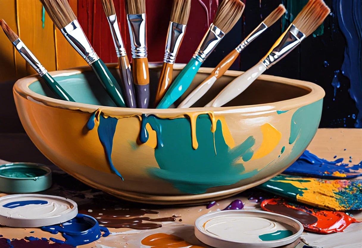 Bowl with Vibrant Cream Paint and Brushes for DIY Art Projects