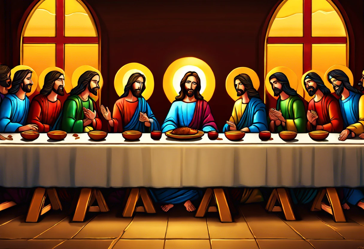 Illustration of The Last Supper by Da Vinci, depicting Jesus and his apostles at the table.