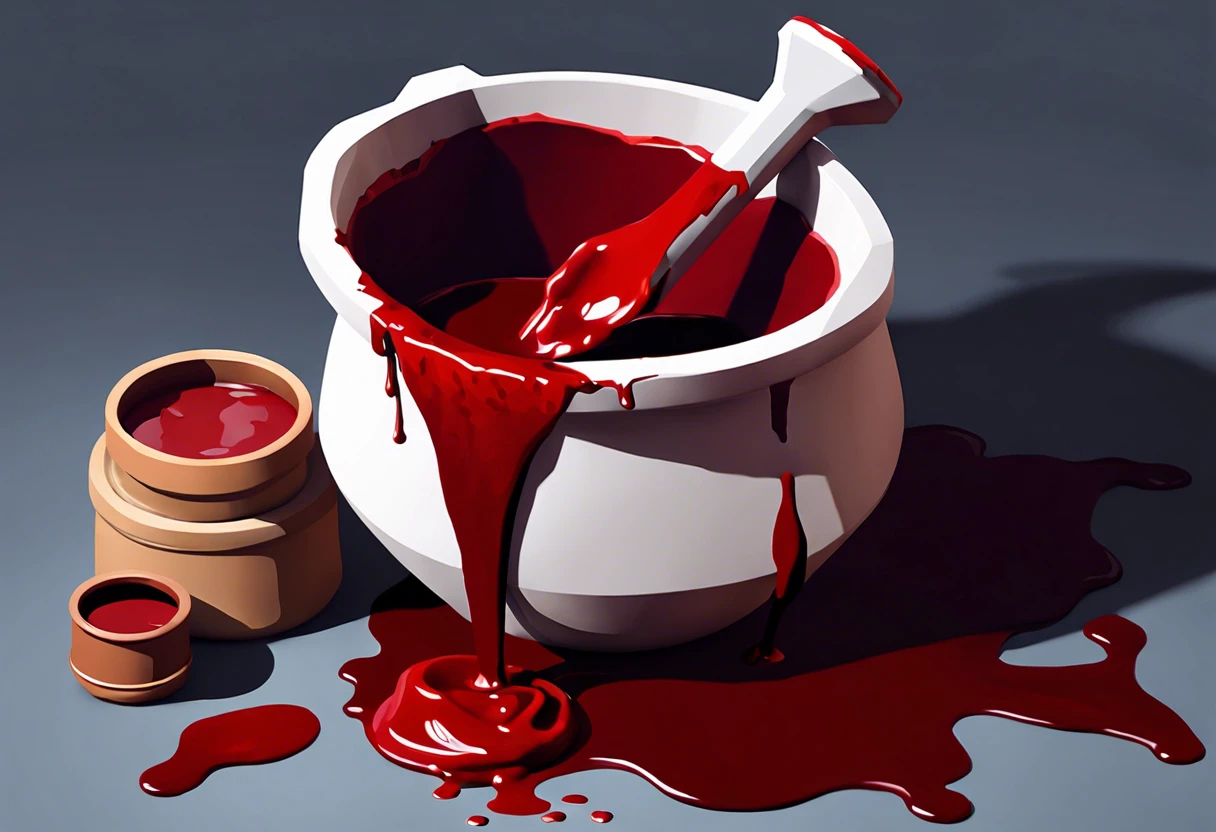 A bowl with dark red paint and a mortar and pestle, illustrating techniques for making red paint darker.
