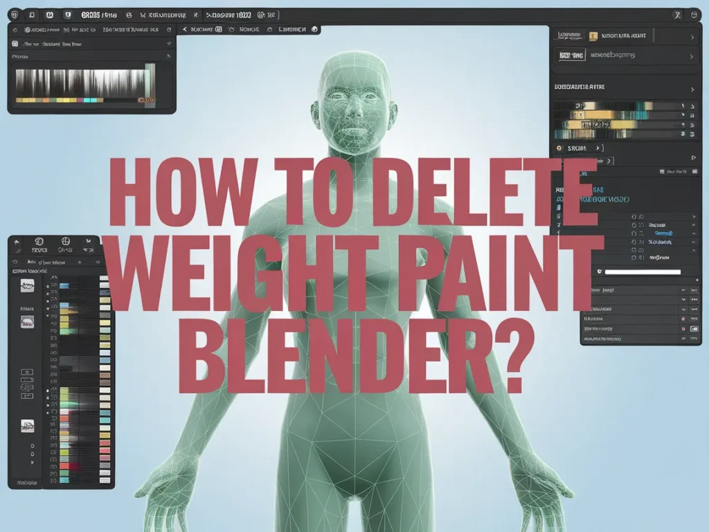 Illustration showing the process of deleting weight paint in Blender with UI elements.