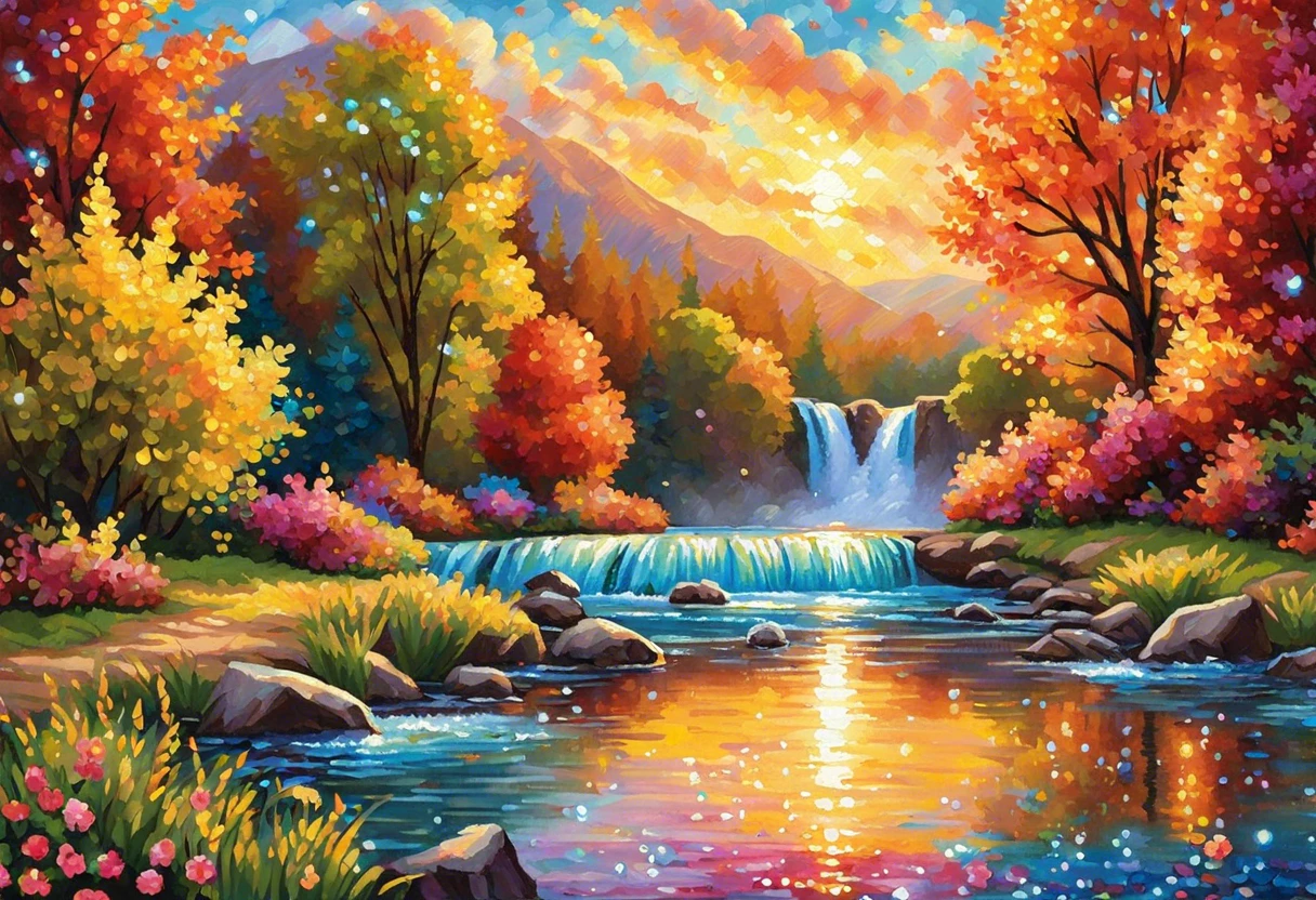 Vibrant nature landscape with colorful trees and waterfall, showcasing diamond painting art