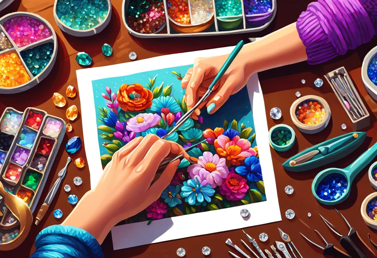 Hands working on a vibrant diamond painting with colorful beads