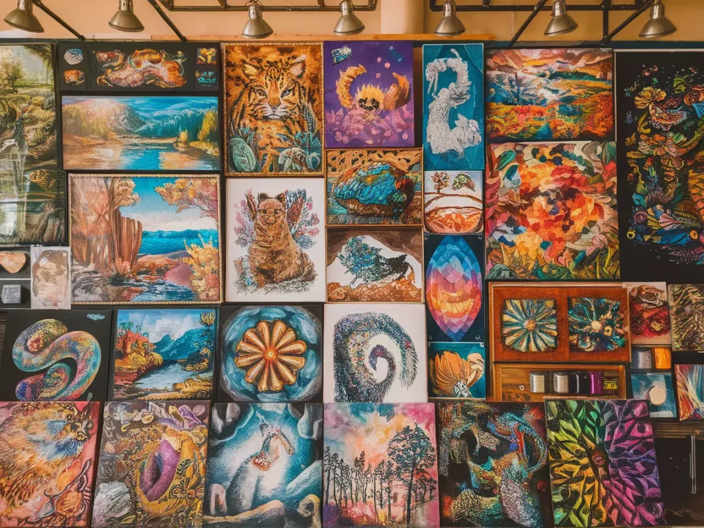 Colorful diamond paintings showcased on a wall, perfect for selling