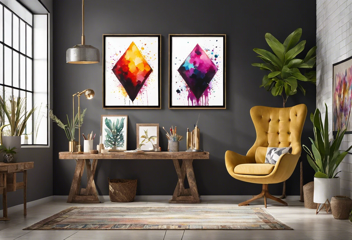 Colorful diamond paintings displayed in a modern living room setting, showcasing their potential as decorative art.