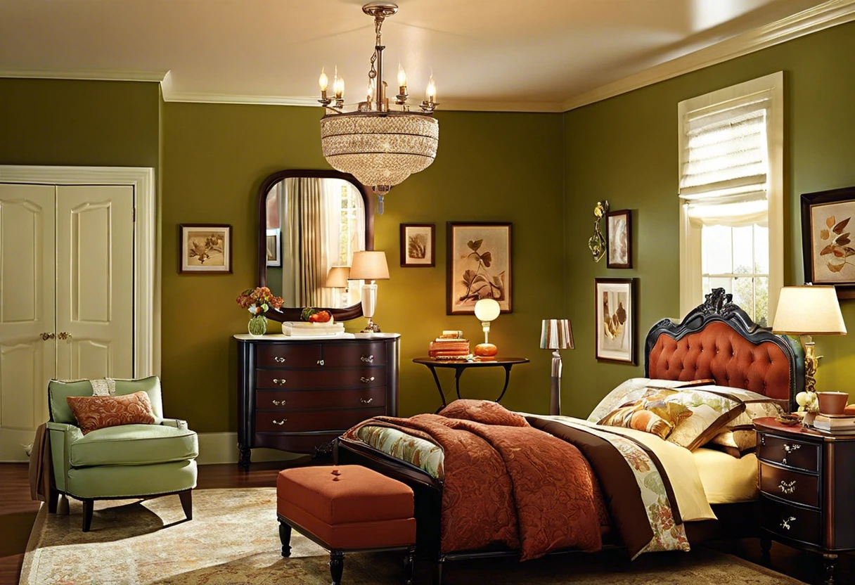 A beautifully painted bedroom showcasing various paint finishes like matte, satin, and glossy on the walls and furniture.