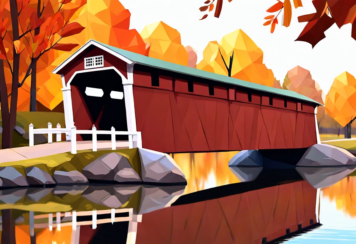 Colorful digital painting of a covered bridge surrounded by autumn foliage, showcasing techniques for digitally painting landscapes.