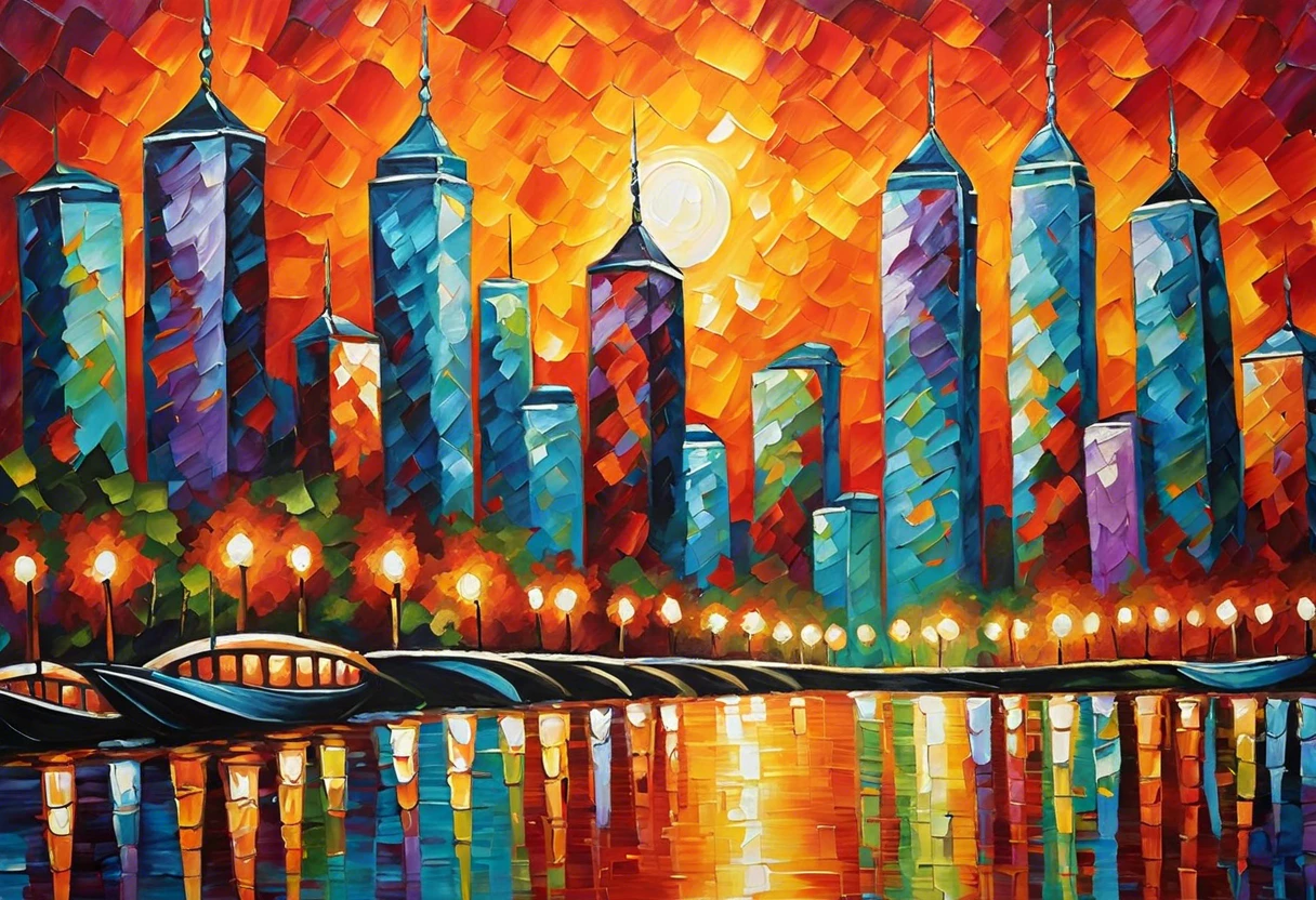 Vibrant city skyline digital painting, illustrating the importance of canvas size in digital art.