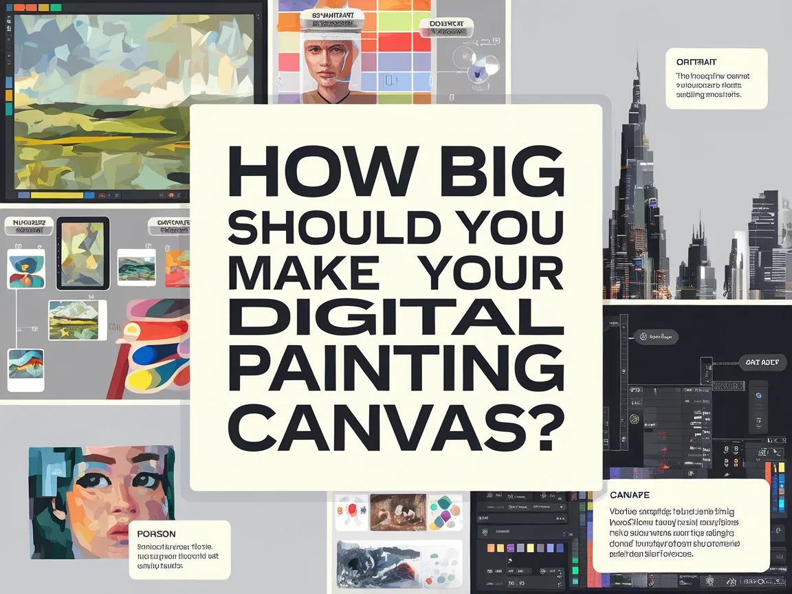 A collection of digital art canvas sizes, showcasing various painting styles and tools for digital artists.