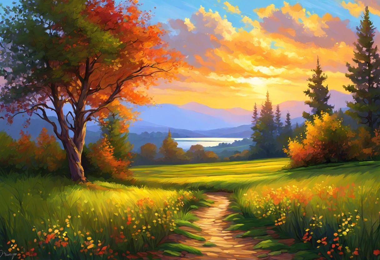 A vibrant digital painting of a sunset landscape showcasing lush greenery and colorful foliage, illustrating the importance of selecting the right canvas size for digital artwork.