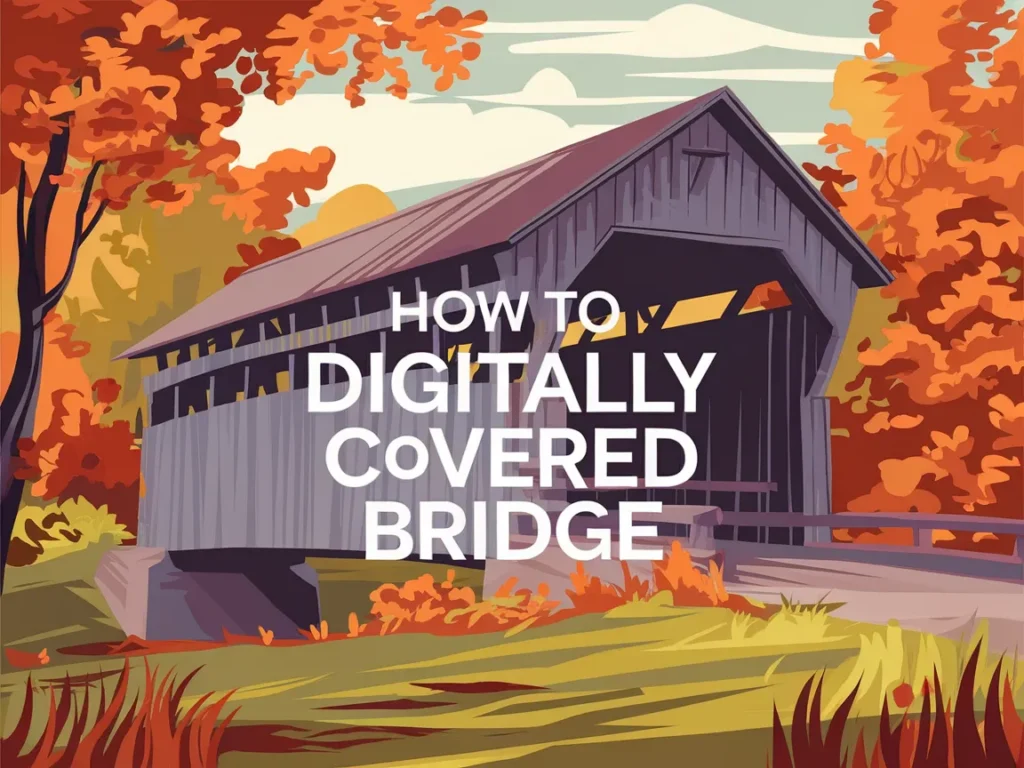A vibrant digital painting of a covered bridge surrounded by autumn foliage, illustrating techniques for digital painting.