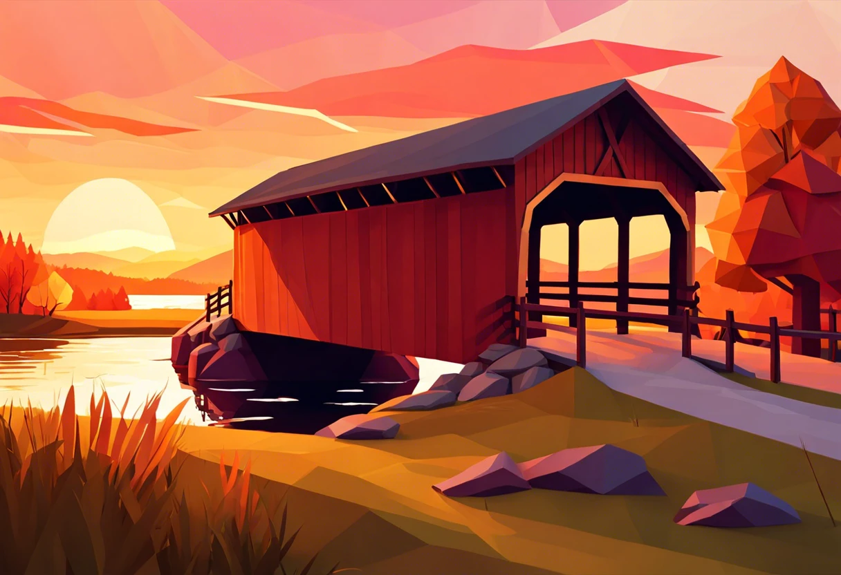 A vibrant digital painting of a covered bridge at sunset, showcasing techniques for digitally painting landscapes.