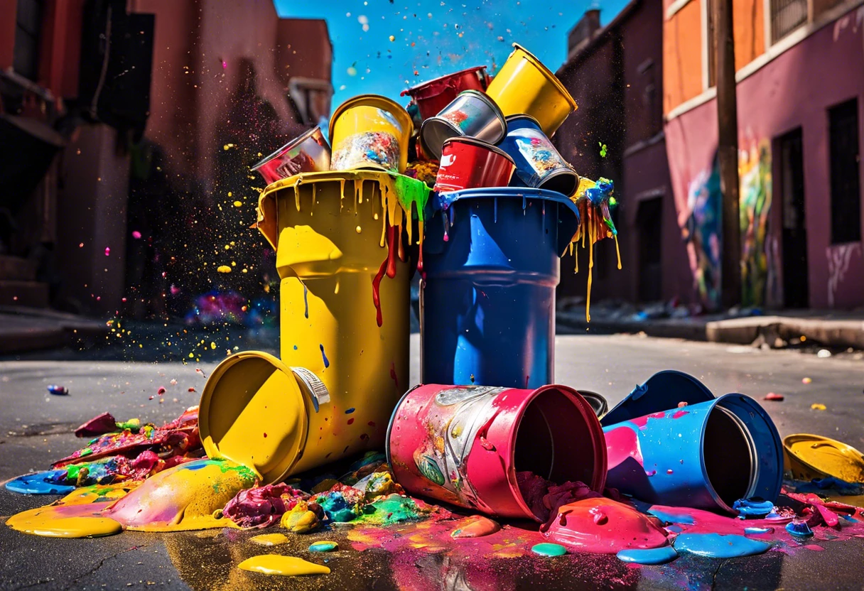 Colorful spilled paint cans in a street, illustrating the question of whether you can throw paint in the trash.