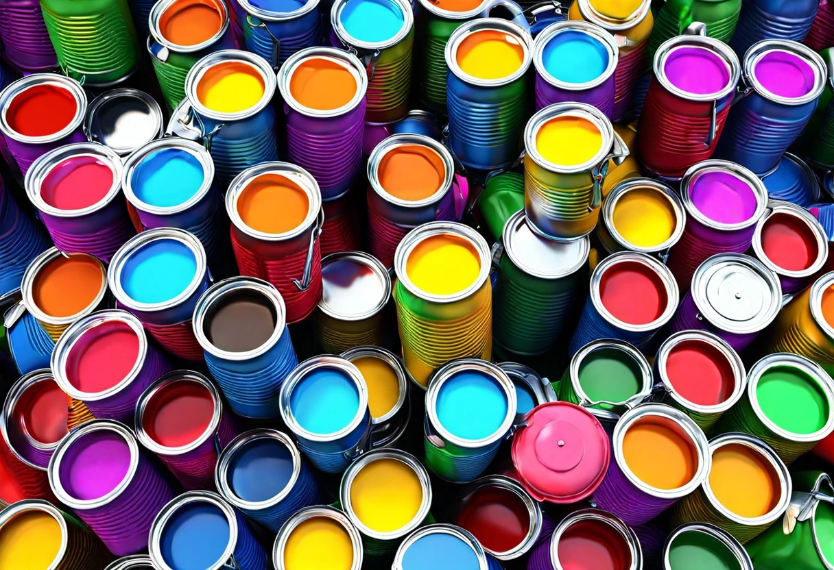 Colorful paint cans in a pile, relevant to paint disposal guidelines.