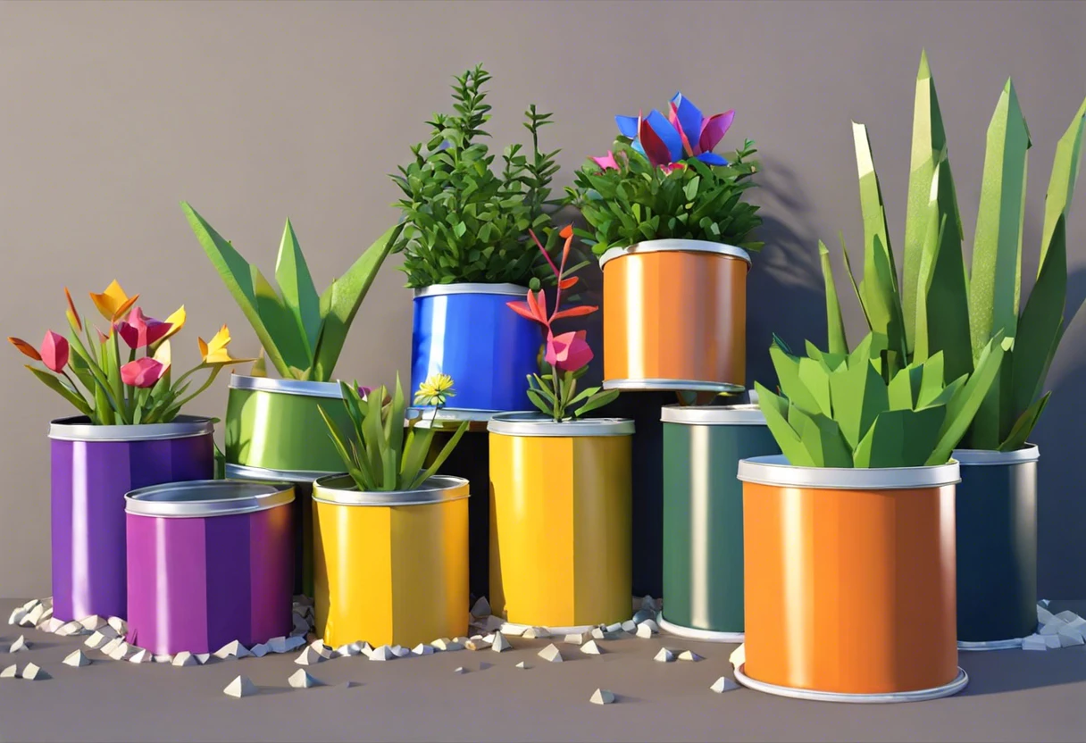 Colorful paint cans repurposed as planters, illustrating eco-friendly disposal methods for empty paint cans.