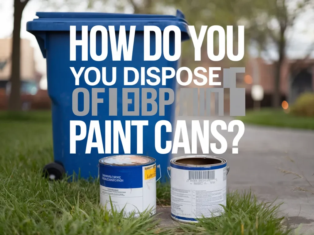 Empty paint cans next to a recycling bin, illustrating how to dispose of paint cans responsibly.