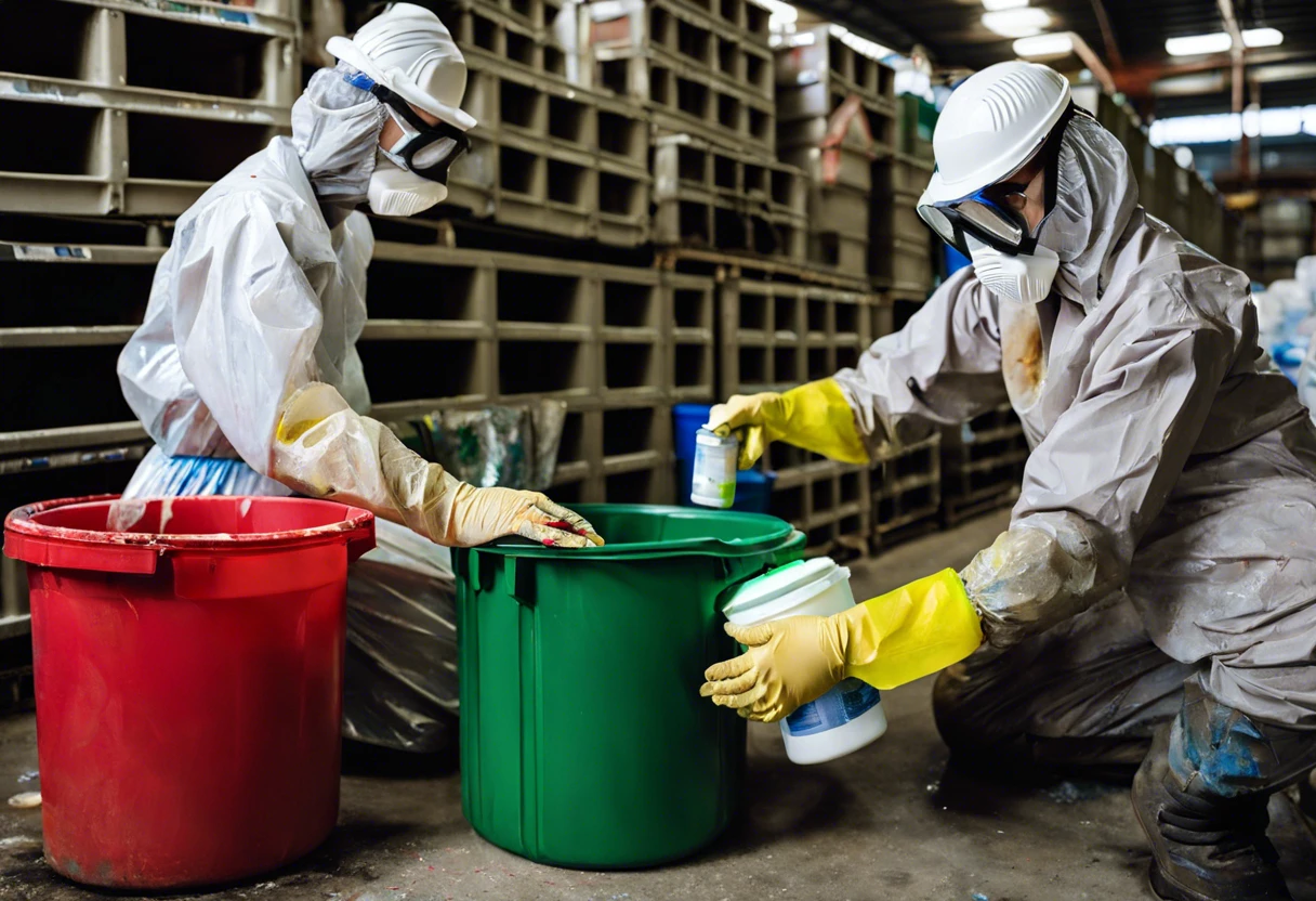 Workers in protective gear disposing of paint thinner in a safe and responsible manner.