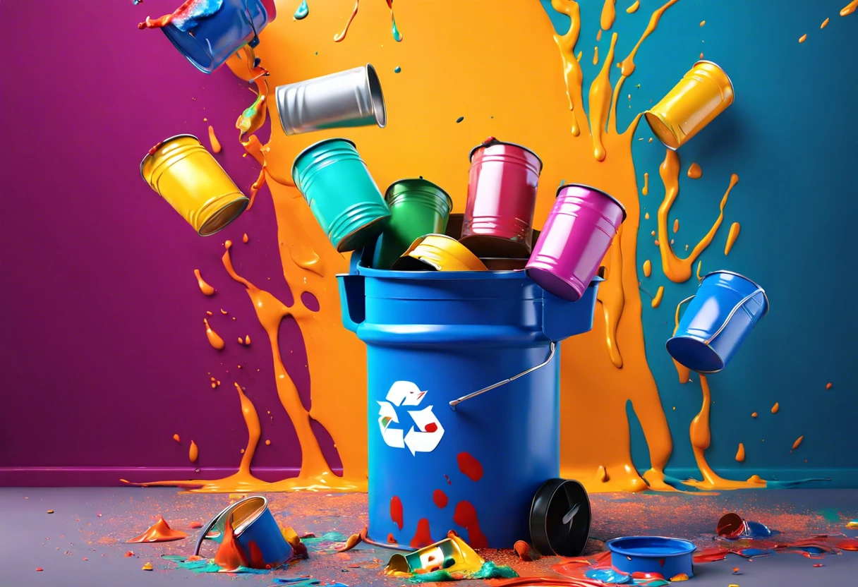 Colorful paint cans being disposed of into a recycling bin, demonstrating how to throw away old paint.