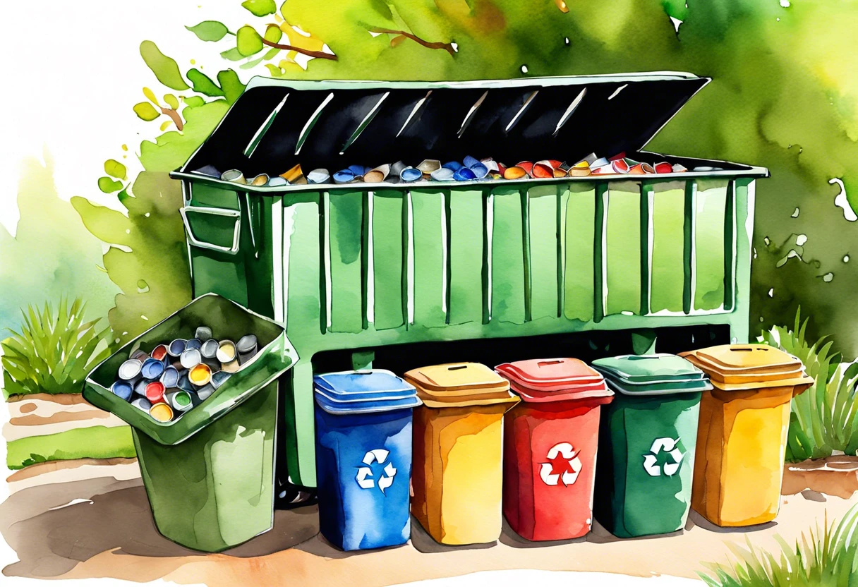 A colorful recycling station with paint cans, illustrating how to dispose of paint cans responsibly.