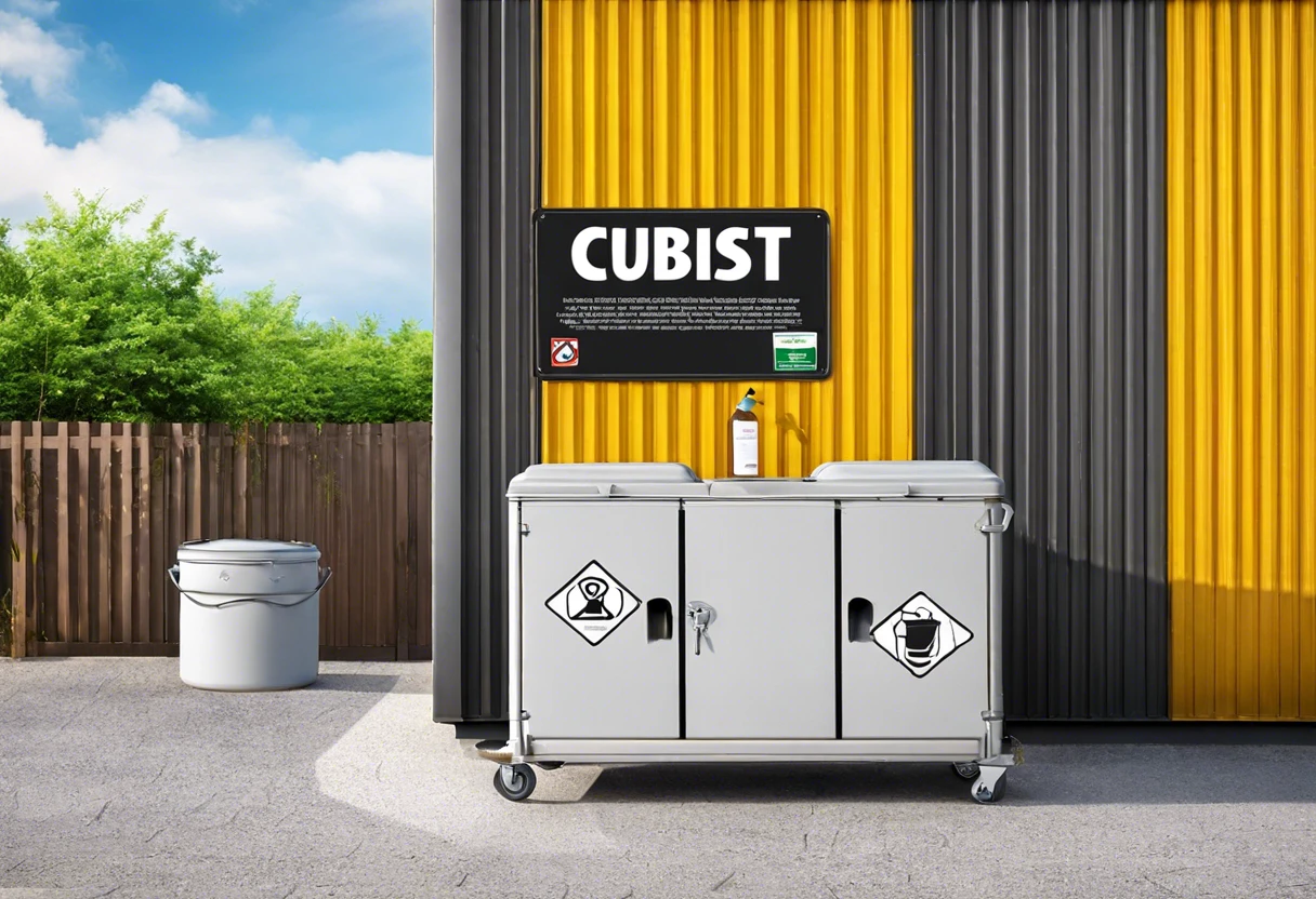 Proper disposal bin for paint thinner located outside, ensuring safe disposal of hazardous materials.