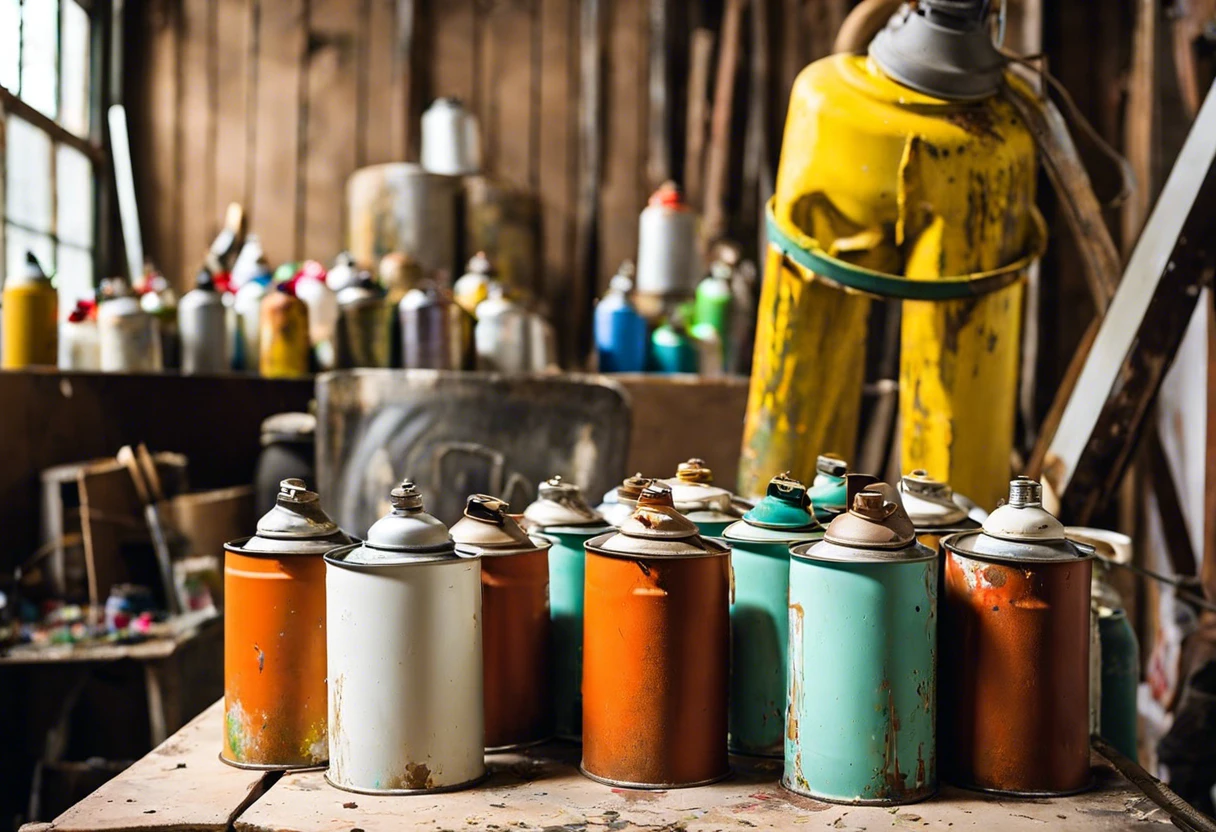 A collection of empty spray paint cans ready for disposal