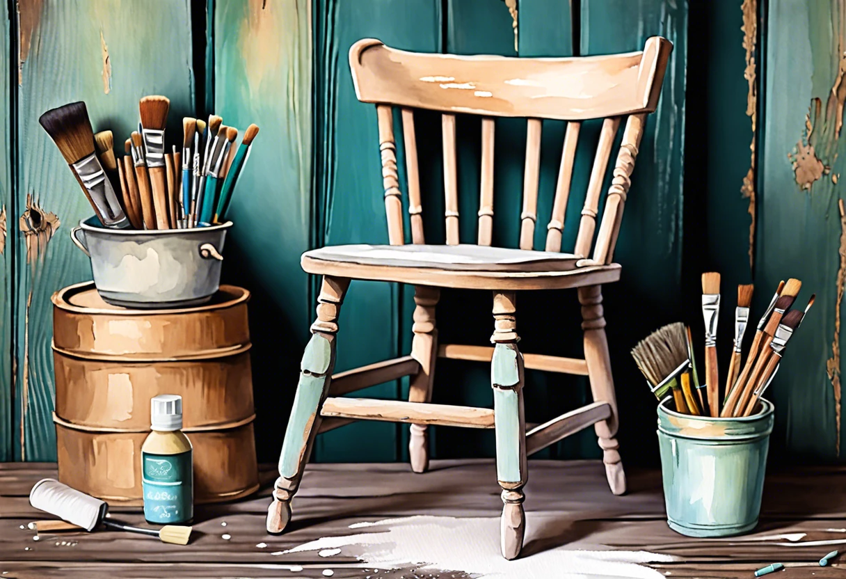 A wooden chair with distressing techniques applied using chalk paint, surrounded by painting supplies.