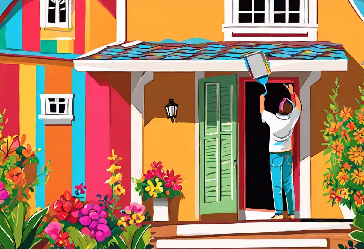 Person painting a colorful house exterior, demonstrating DIY house painting techniques.